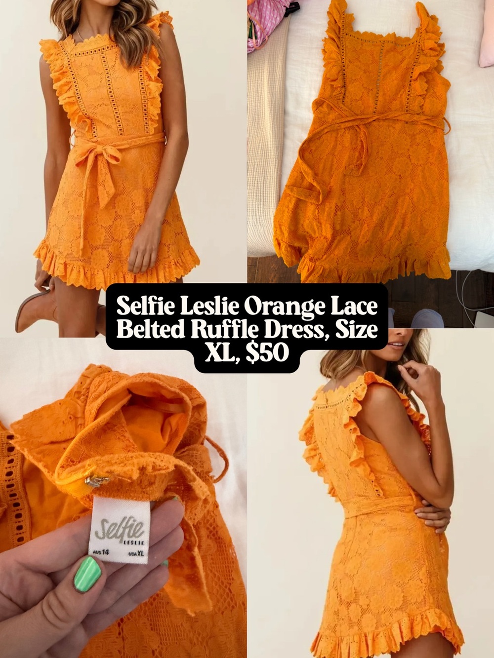 Selfie Leslie Bright Orange Lace Ruffle Mini Dress